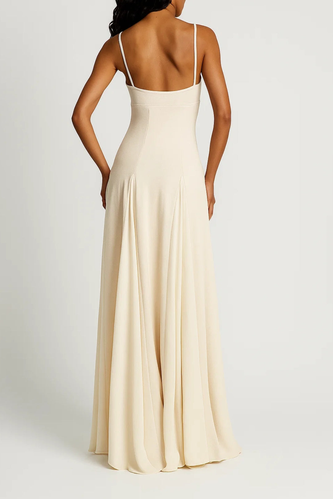 Long Cream Dress | Thin Straps | Flared Flowing Skirt