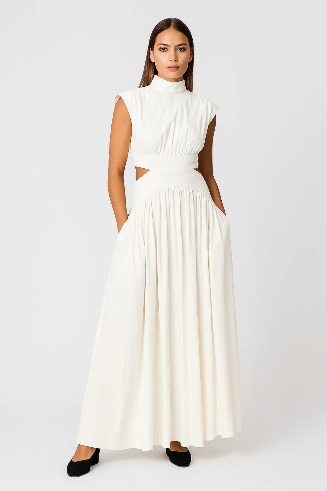 Long dress with high collar and side cut-outs | Sleeveless