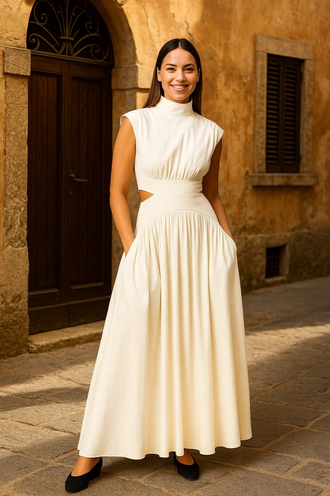 Long dress with high collar and side cut-outs | Sleeveless