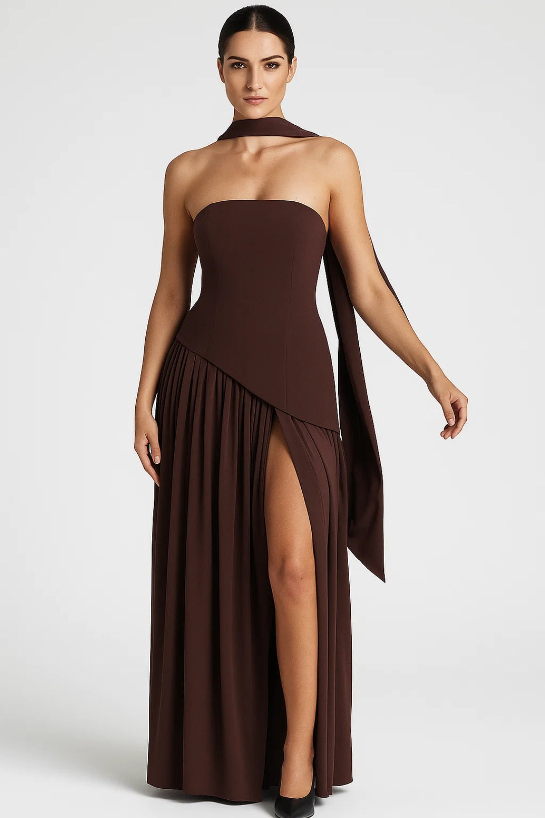 Long dress with high slit and side draping