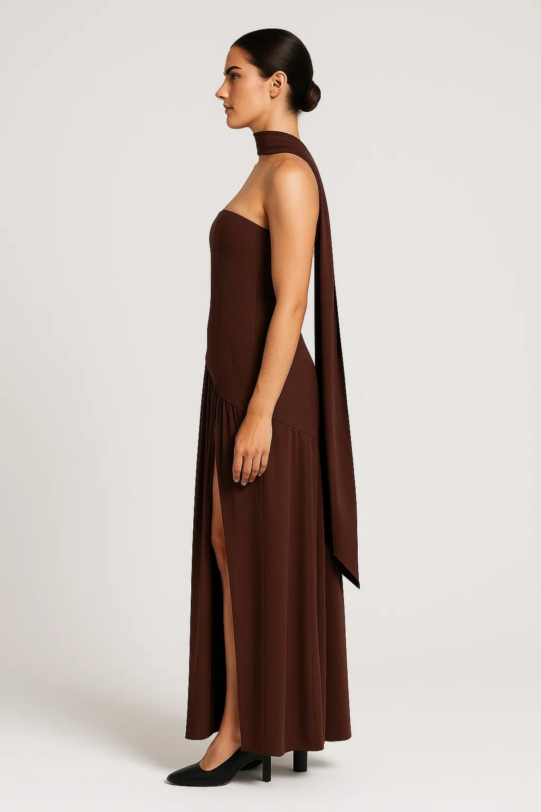 Long dress with high slit and side draping