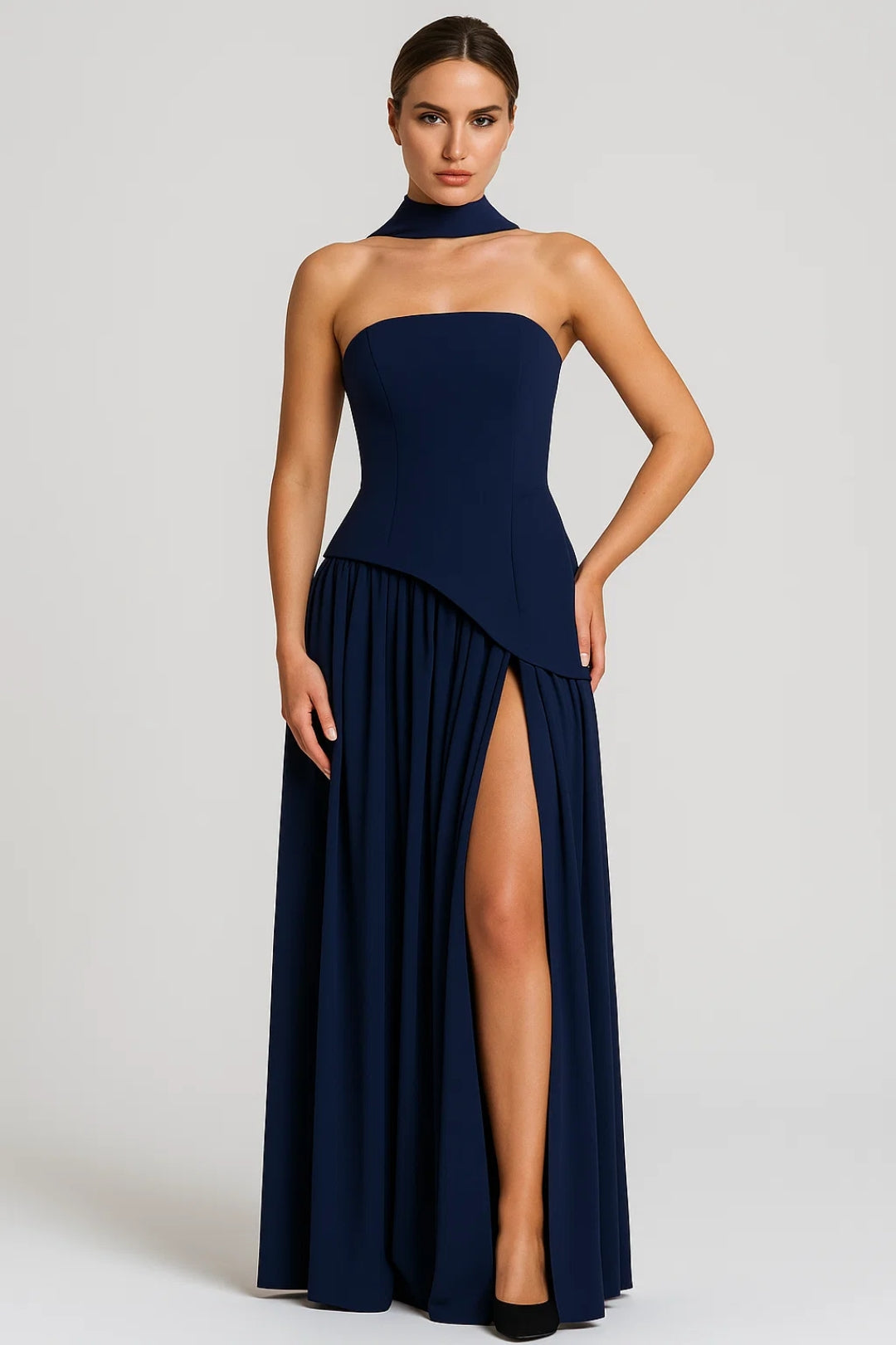 Long dress with high slit and side draping