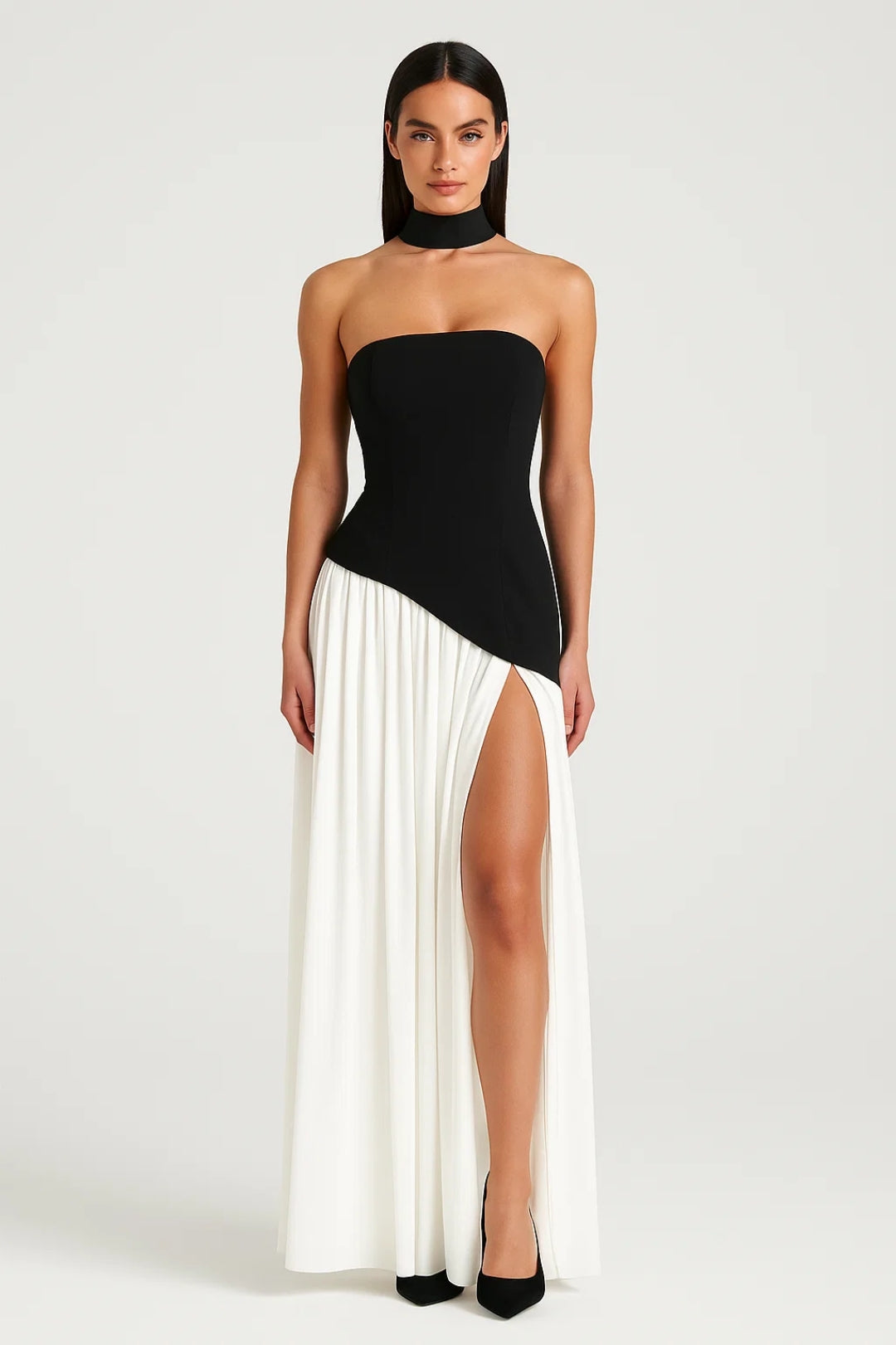 Long dress with high slit and side draping
