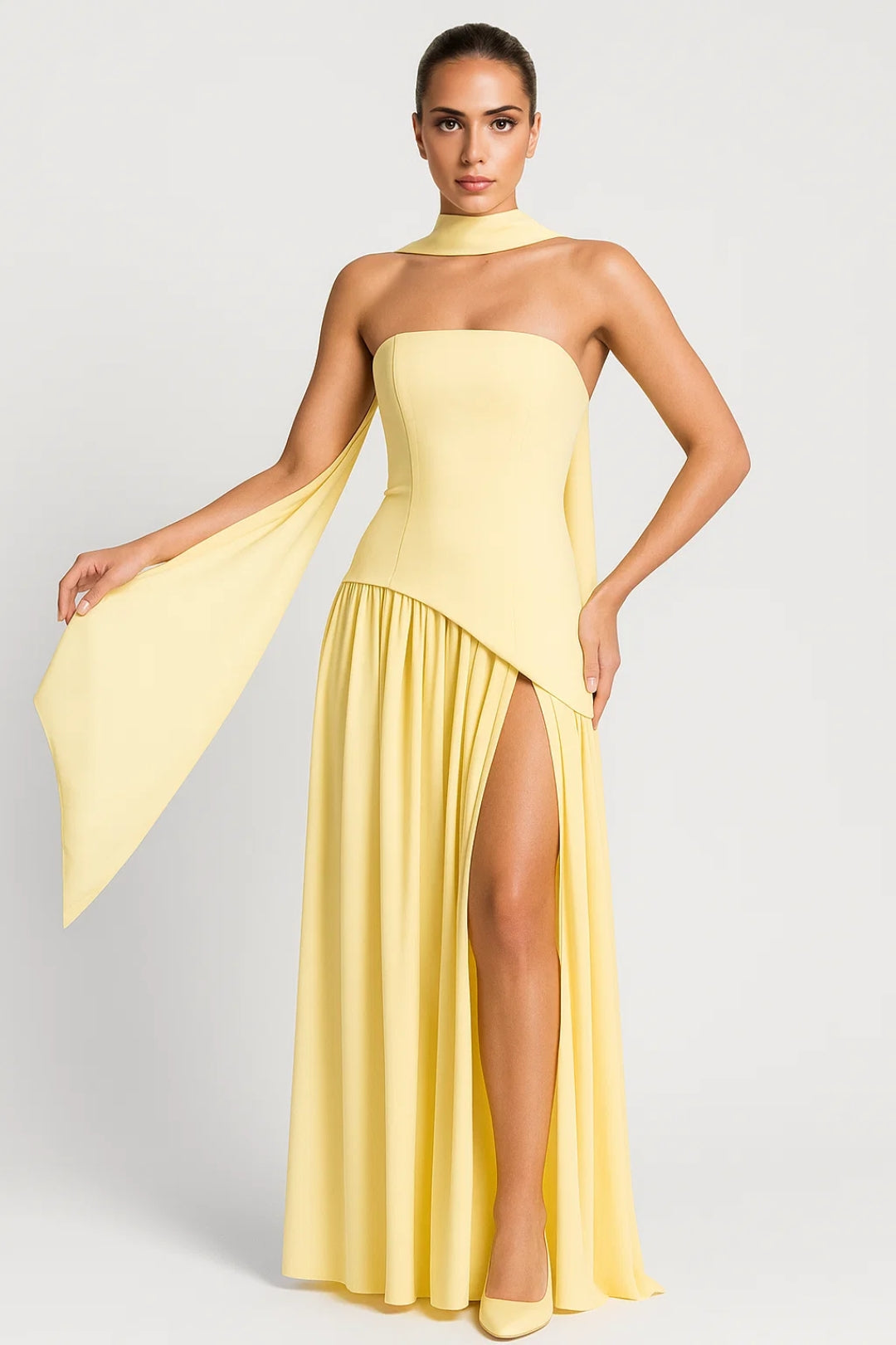 Long dress with high slit and side draping