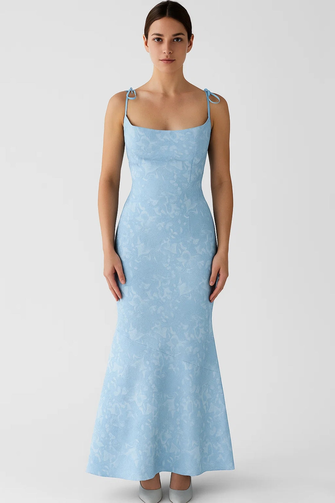 Long dress with thin knotted straps | Floral jacquard | Feminine elegance