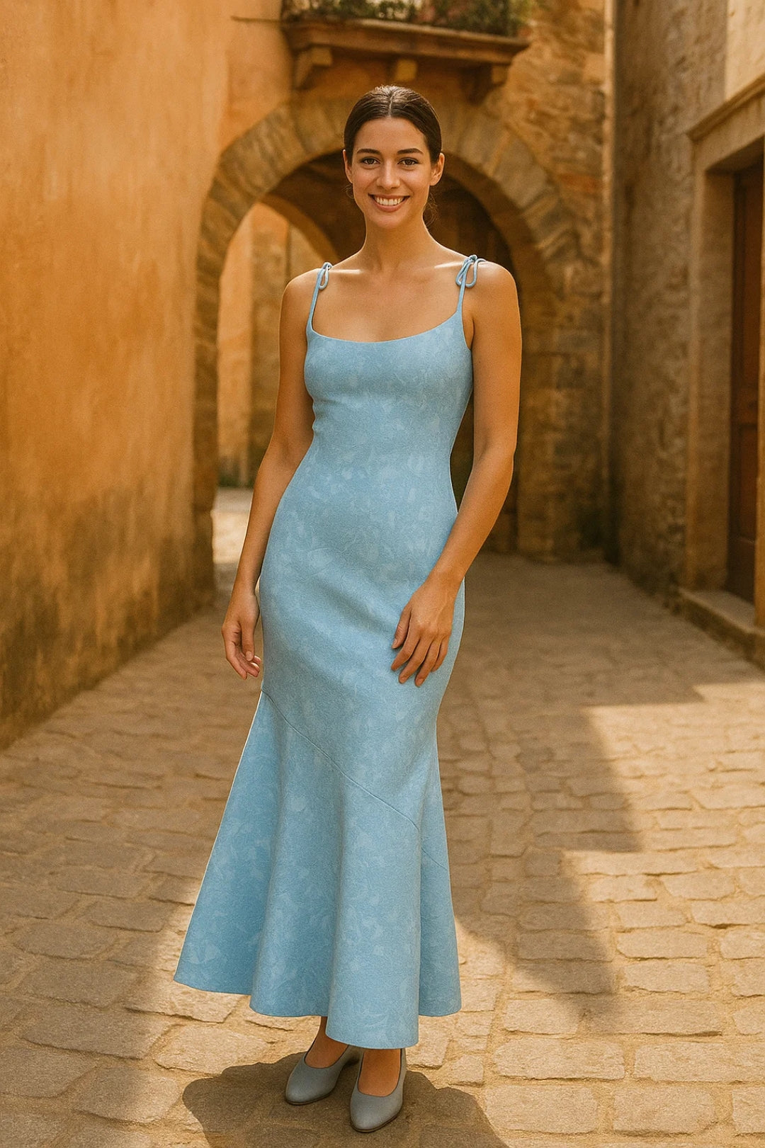 Long dress with thin knotted straps | Floral jacquard | Feminine elegance