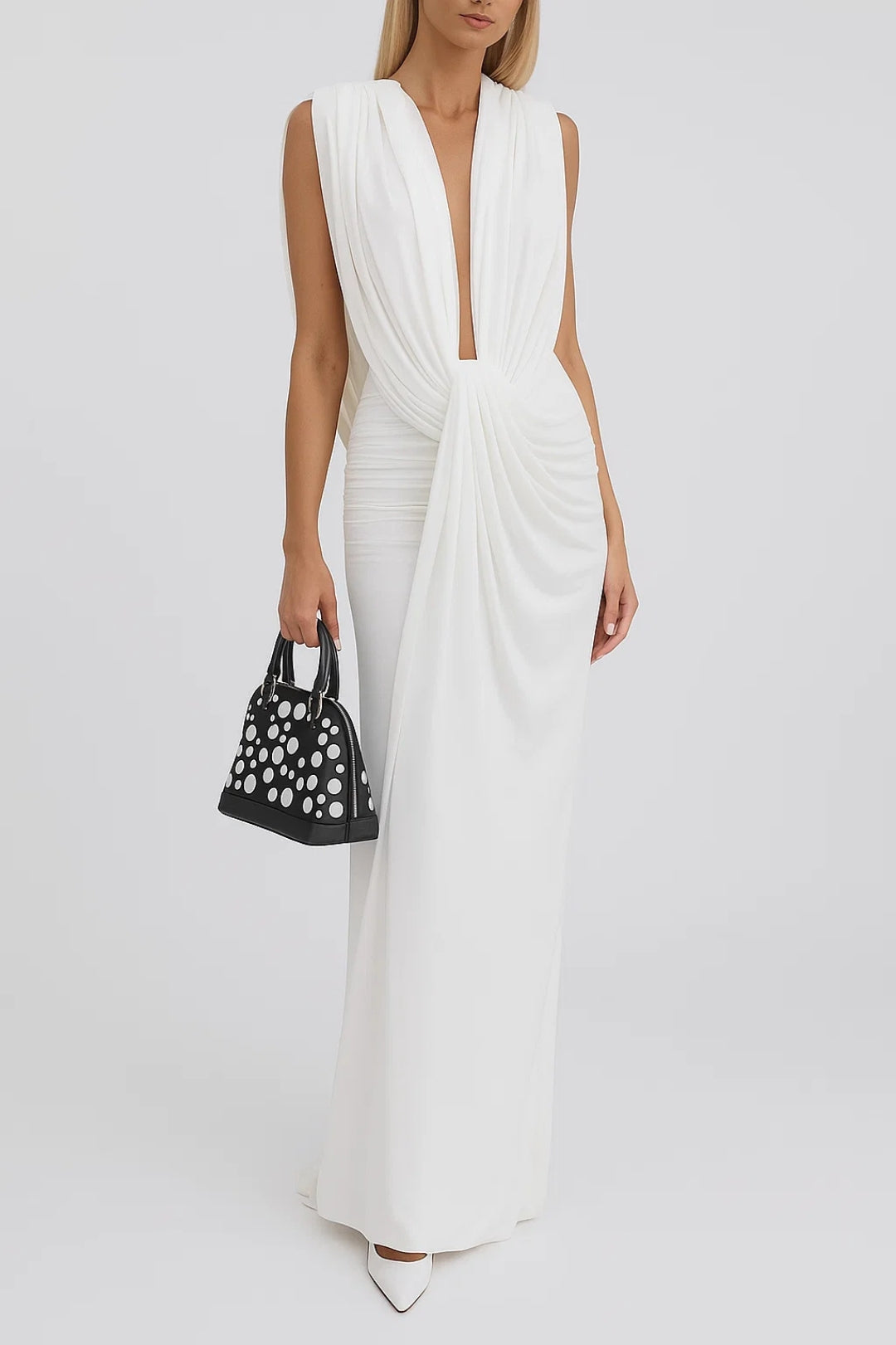 Elegant long dress with front draping | Deep neckline | Classic white