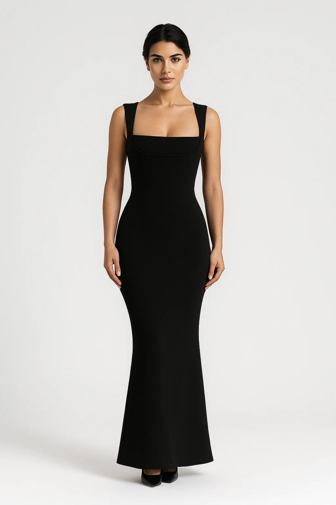 Long fitted dress with wide straps and square neckline | Minimalist elegance