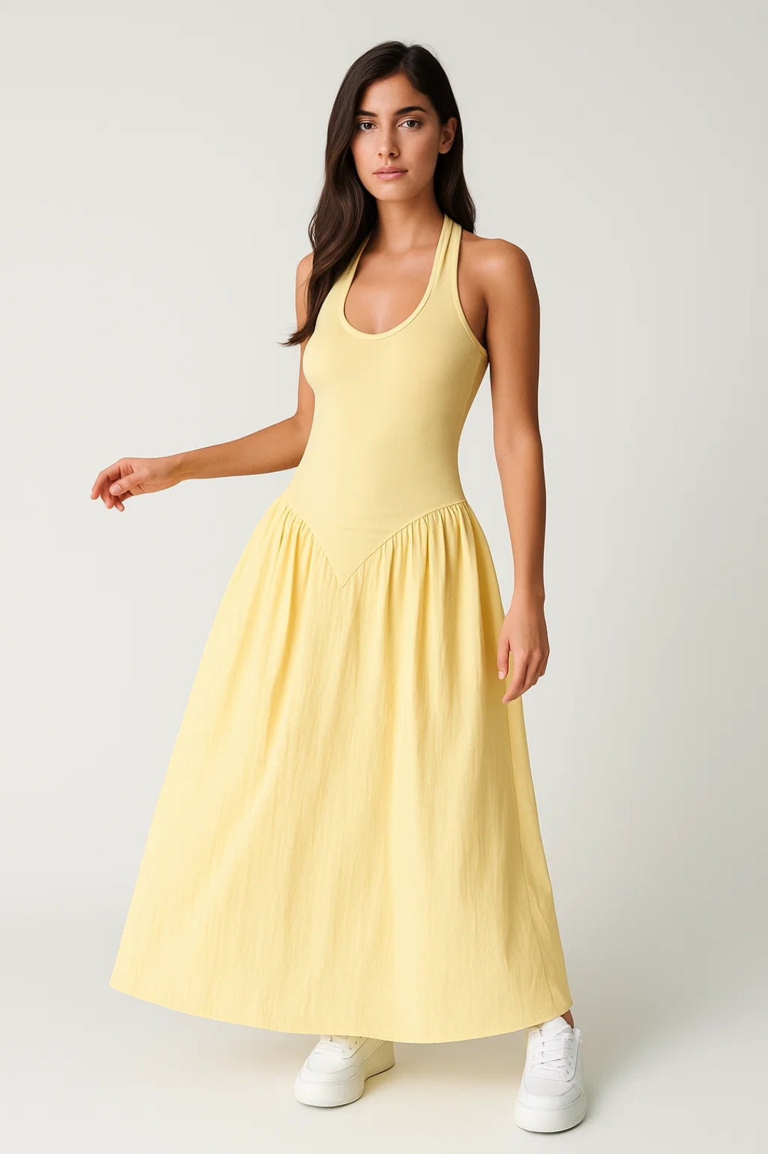 Yellow long dress with American neckline | Summer and minimal style