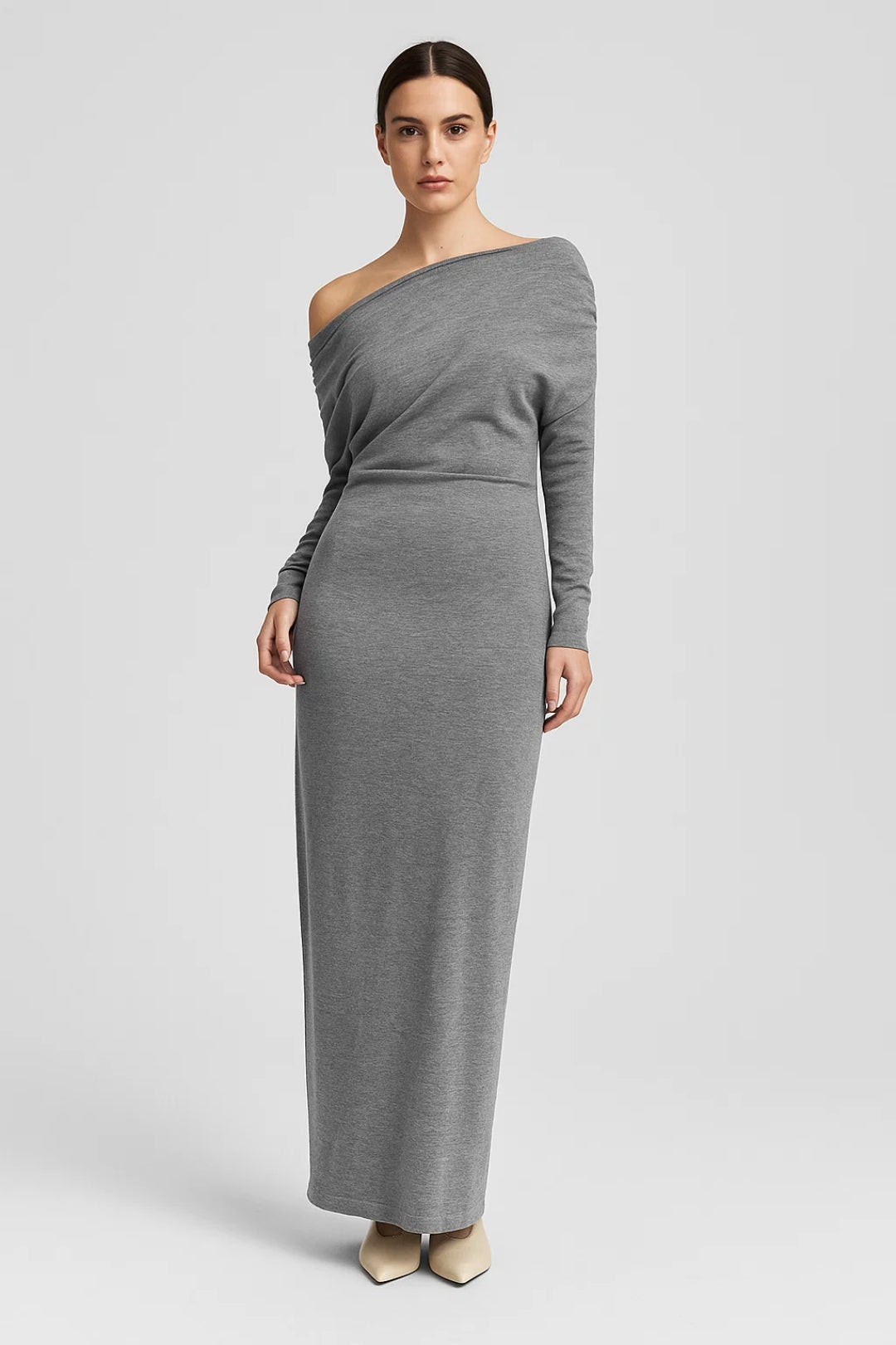Gray Long Dress | One-Shoulder | Soft and Comfortable