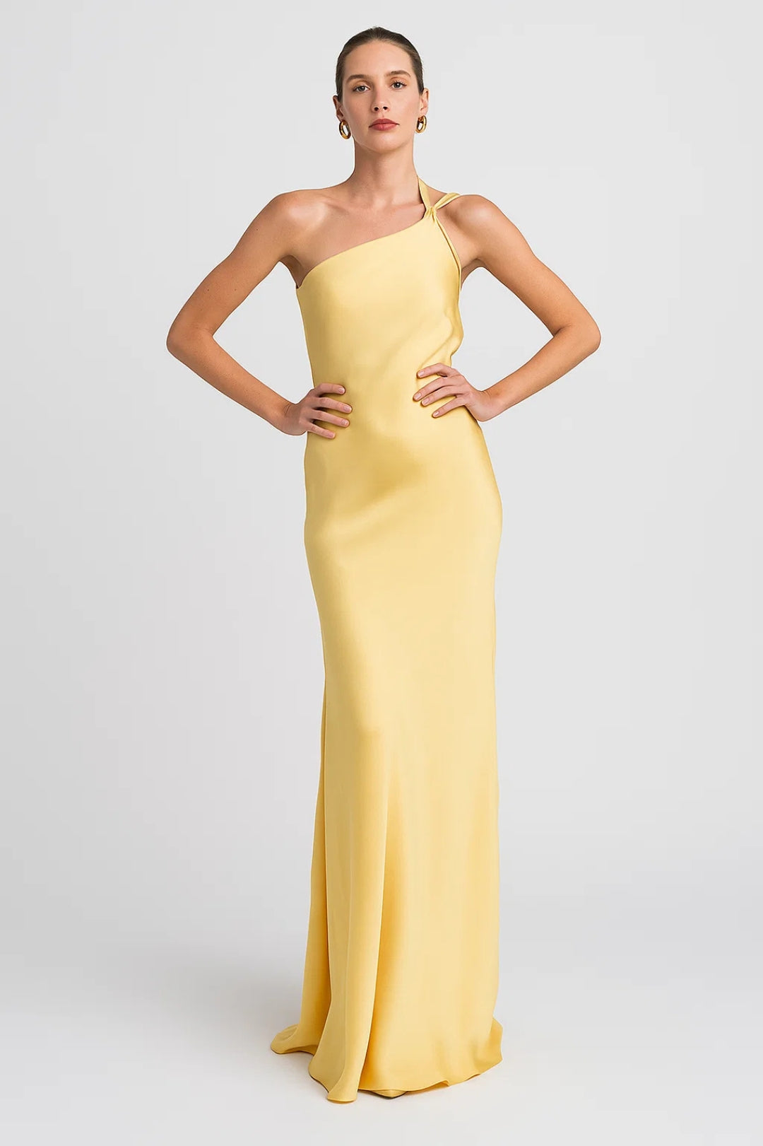 Yellow One-Shoulder Long Dress in Lightweight Satin