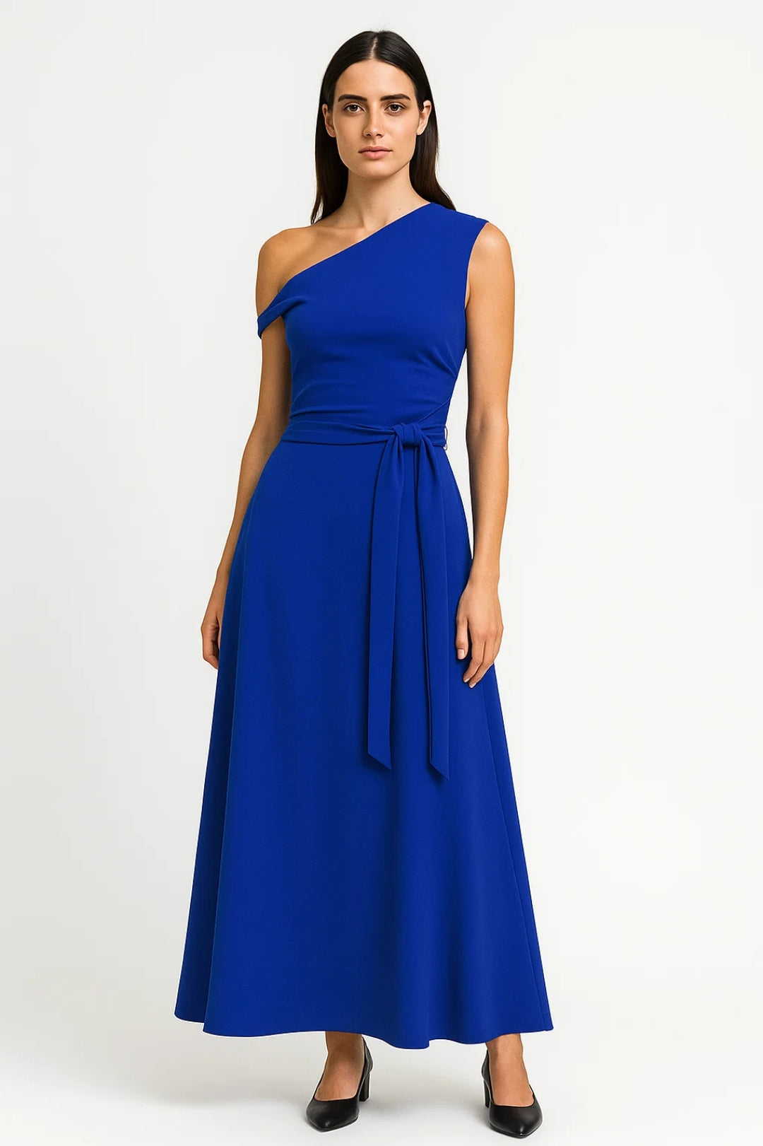 One-Shoulder Long Dress with Belt | Flowing Line | Minimal Elegance