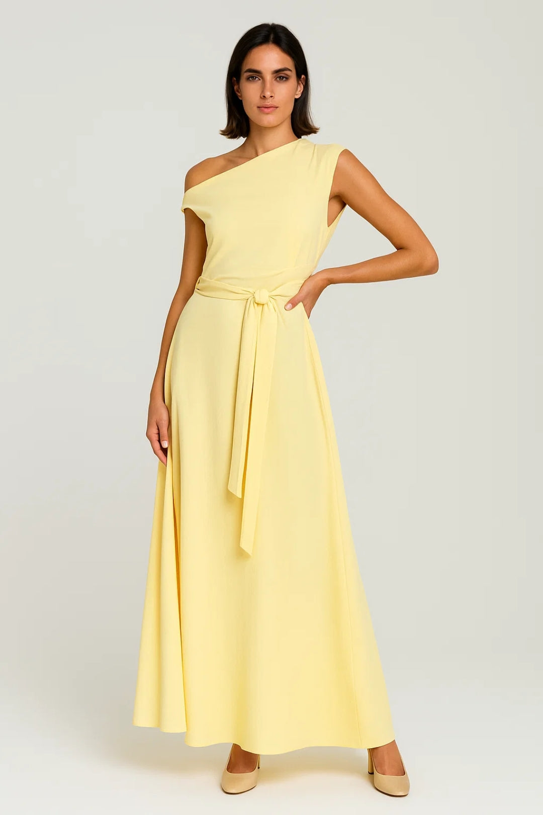 One-Shoulder Long Dress with Belt | Flowing Line | Minimal Elegance
