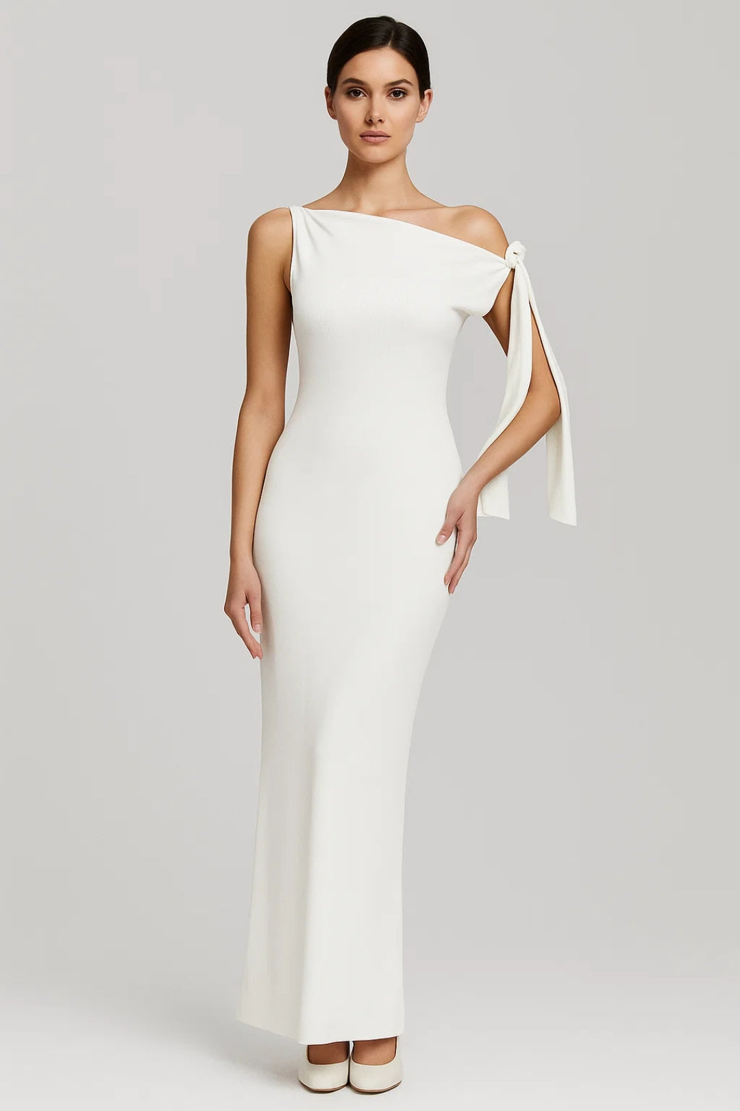 One-Shoulder Long Dress with Bow | Minimal Elegance and Fitted Silhouette