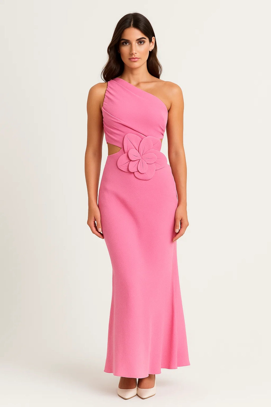 One-Shoulder Long Dress with 3D Flower | Summer Elegance with Cut-Out Detail