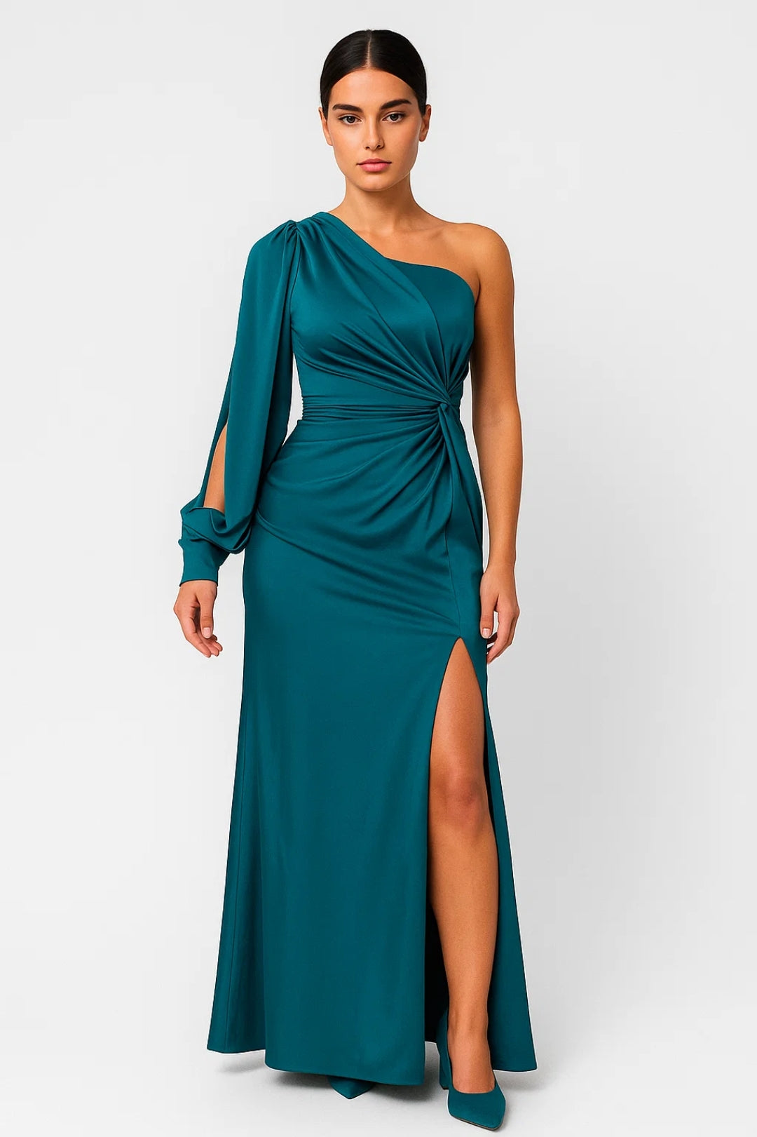 One-Shoulder Long Dress with Front Knot | Draped Sleeve and Side Split | Evening Elegance