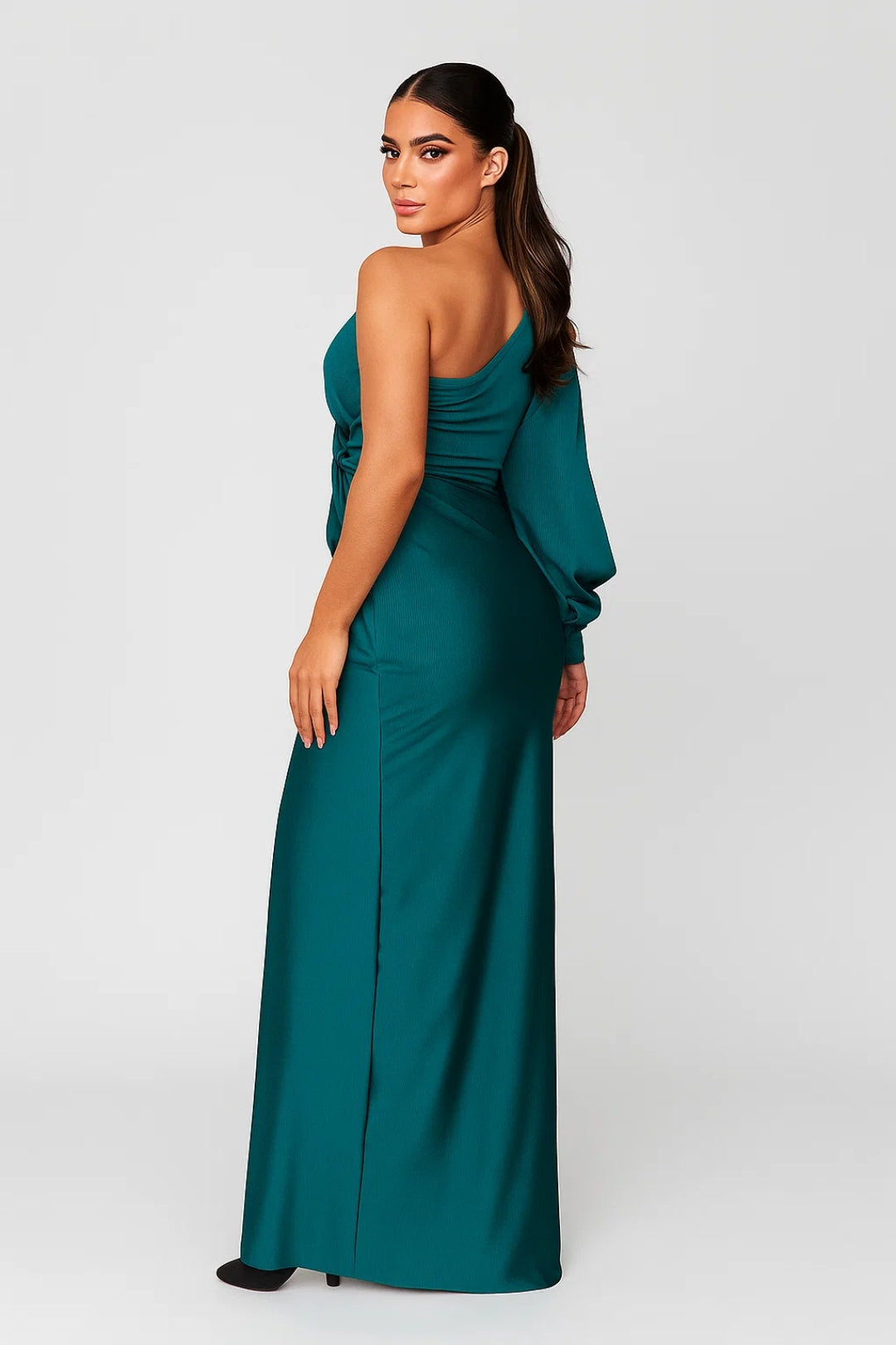 One-Shoulder Long Dress with Front Knot | Draped Sleeve and Side Split | Evening Elegance