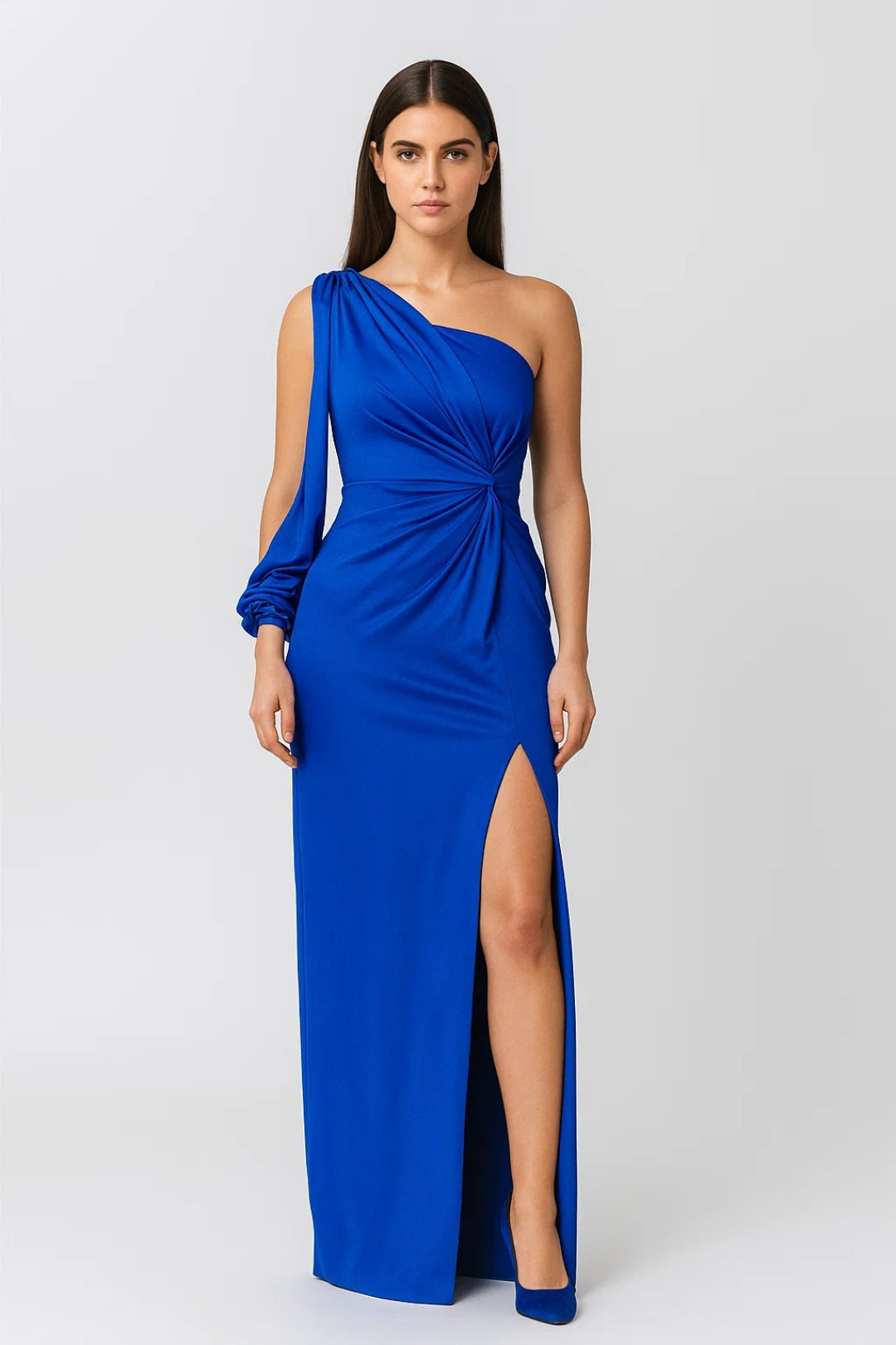 One-Shoulder Long Dress with Front Knot | Draped Sleeve and Side Split | Evening Elegance