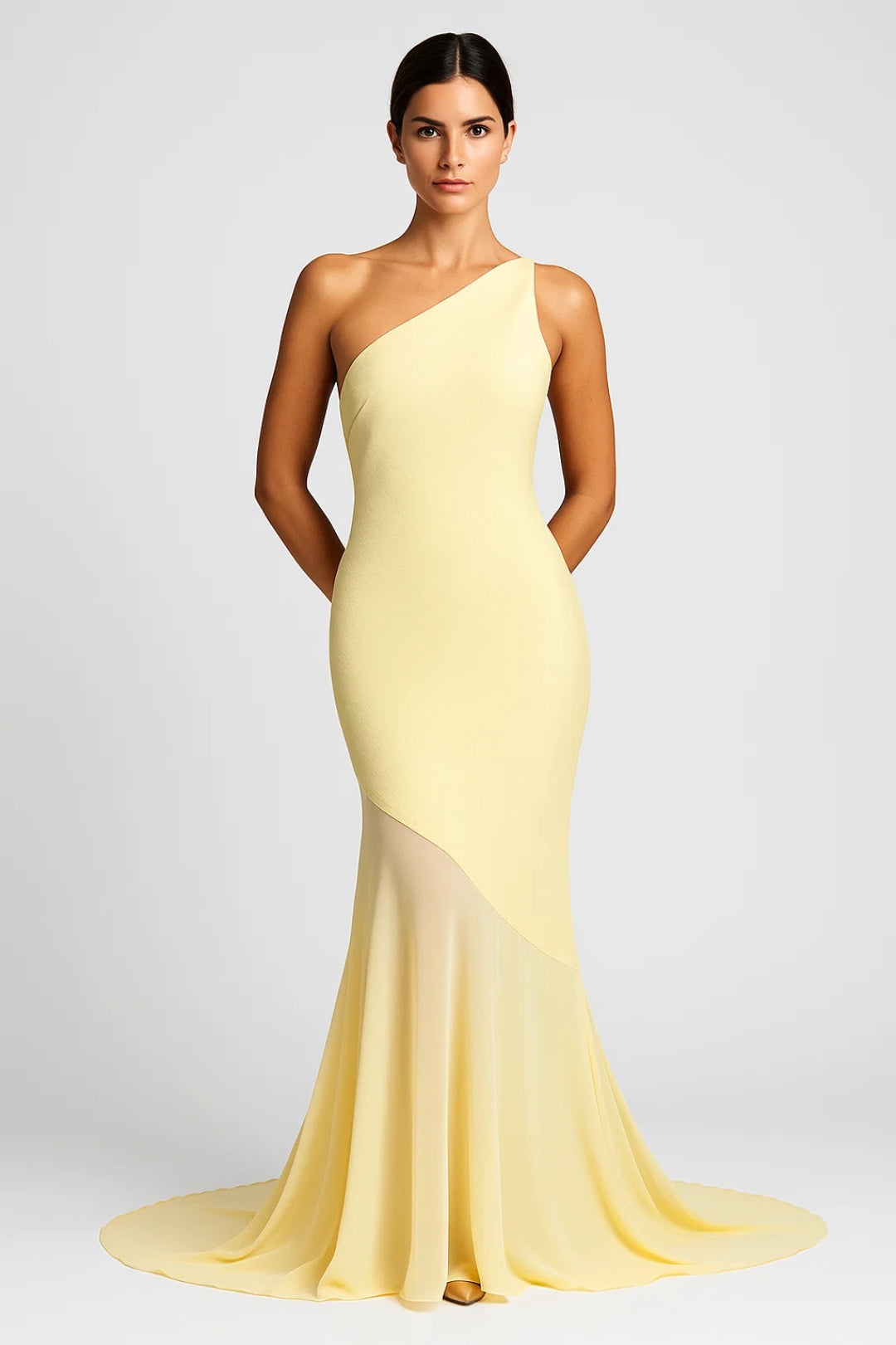 One-Shoulder Long Dress with Asymmetrical Hem in Chiffon | Fluid Elegance