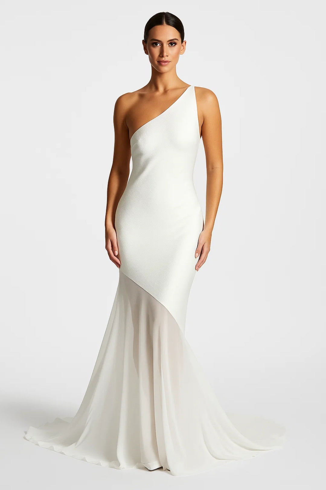 One-Shoulder Long Dress with Asymmetrical Hem in Chiffon | Fluid Elegance