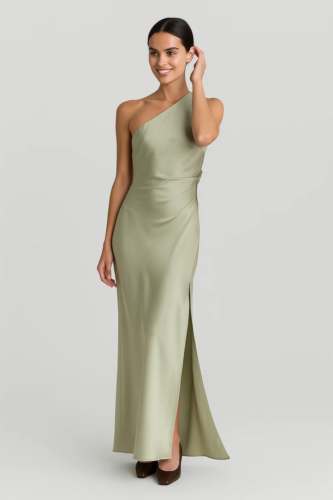 Sage Green One-Shoulder Long Dress | Side Slit | Minimal Elegance