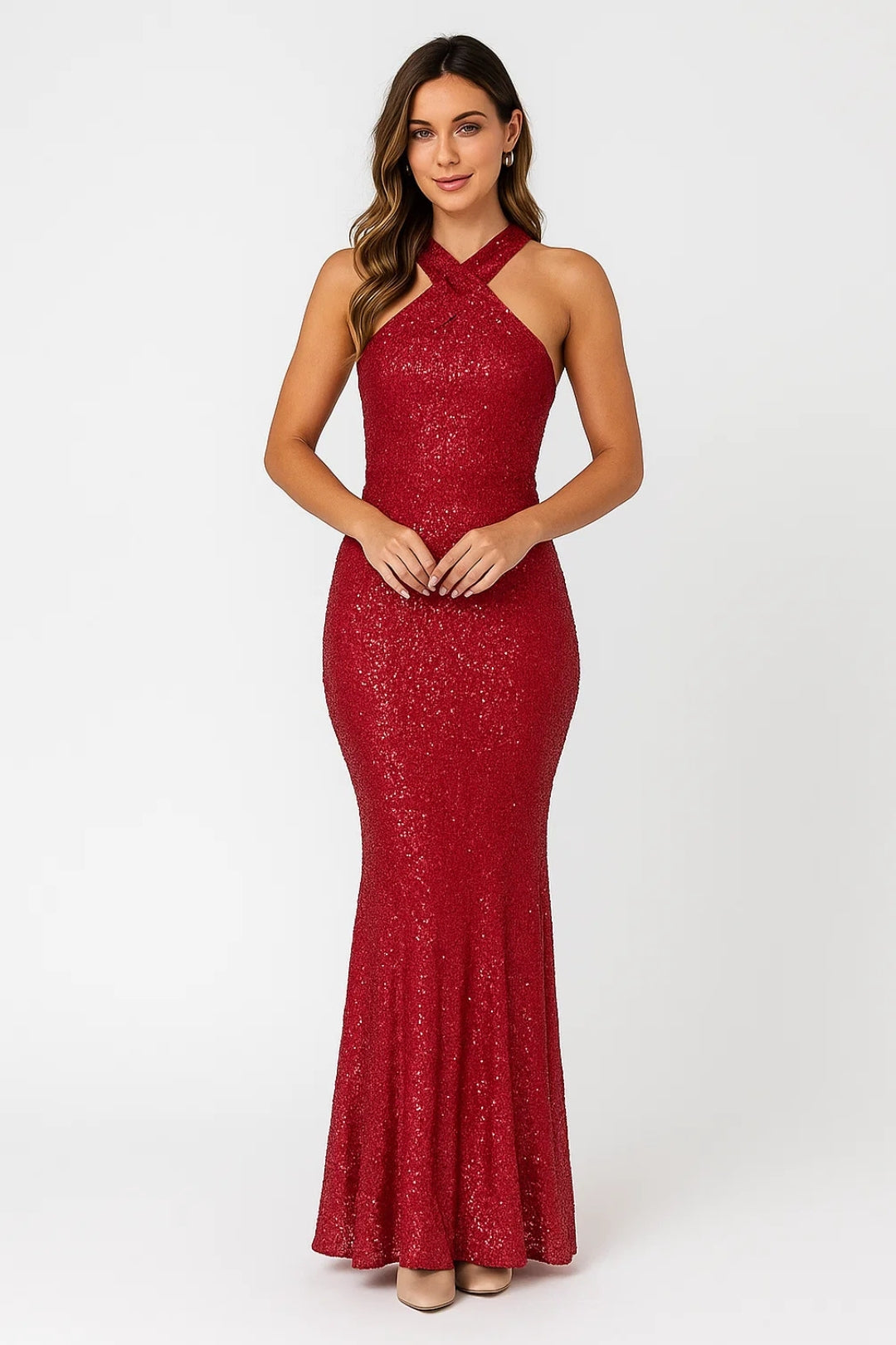Shimmering Long Dress with Crossed Back Neckline