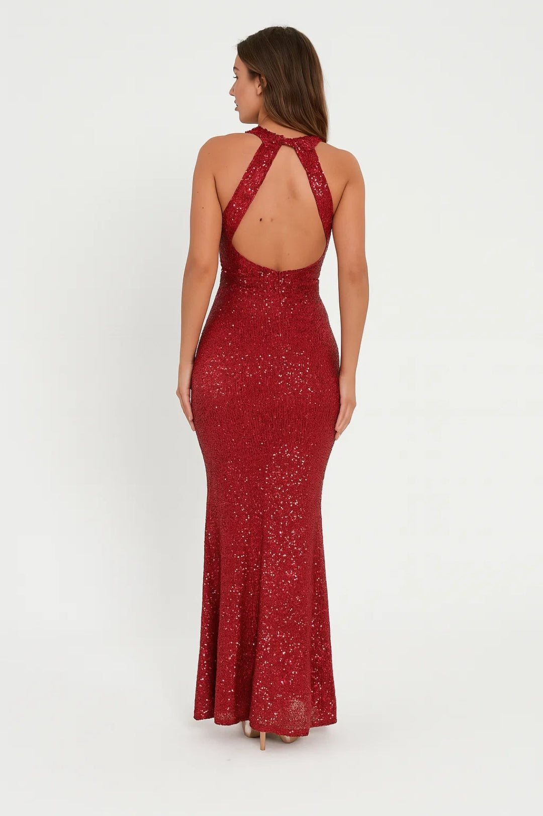 Shimmering Long Dress with Crossed Back Neckline