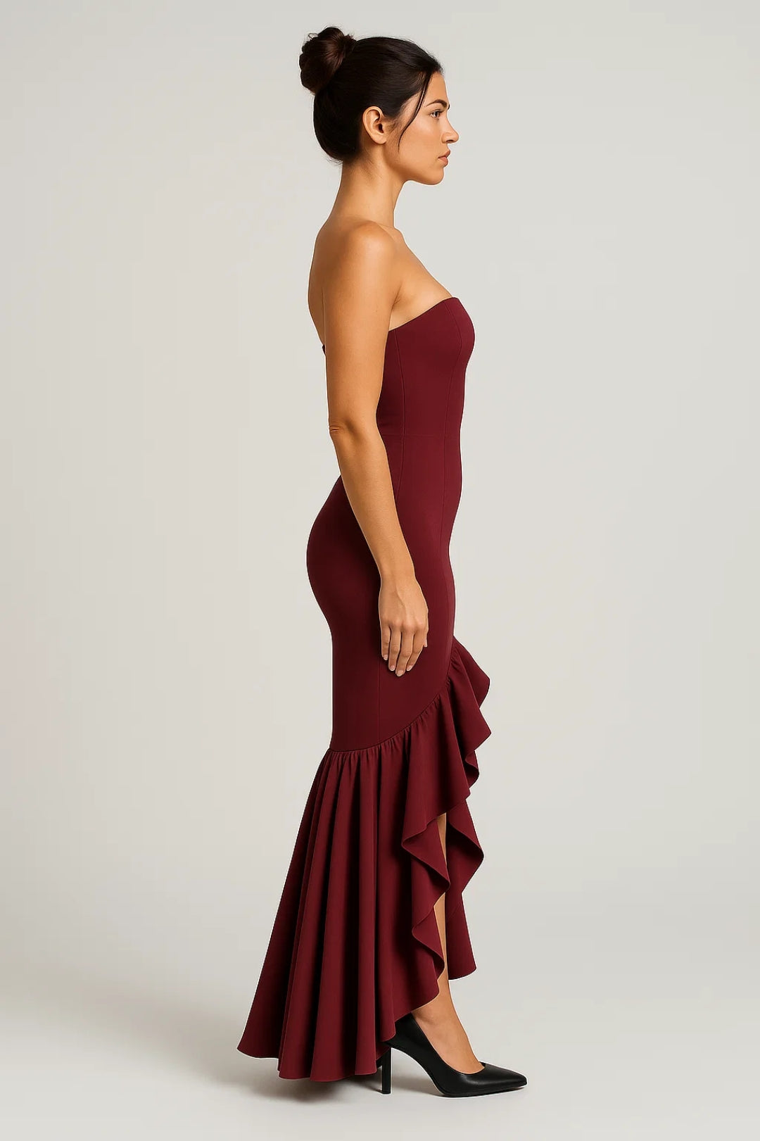 Strapless Long Dress with Asymmetric Ruffles | Elegant Evening Style