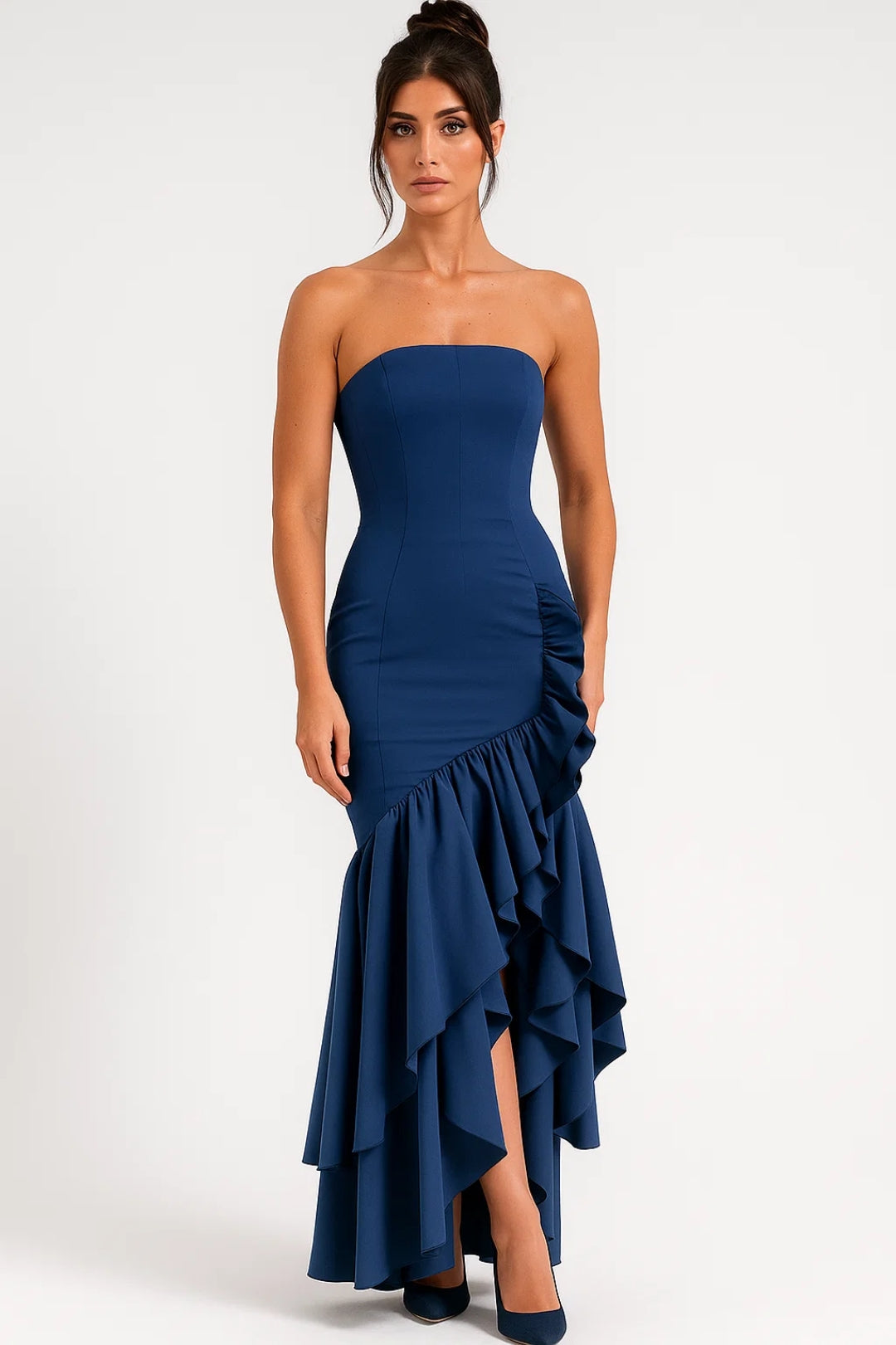 Strapless Long Dress with Asymmetric Ruffles | Elegant Evening Style
