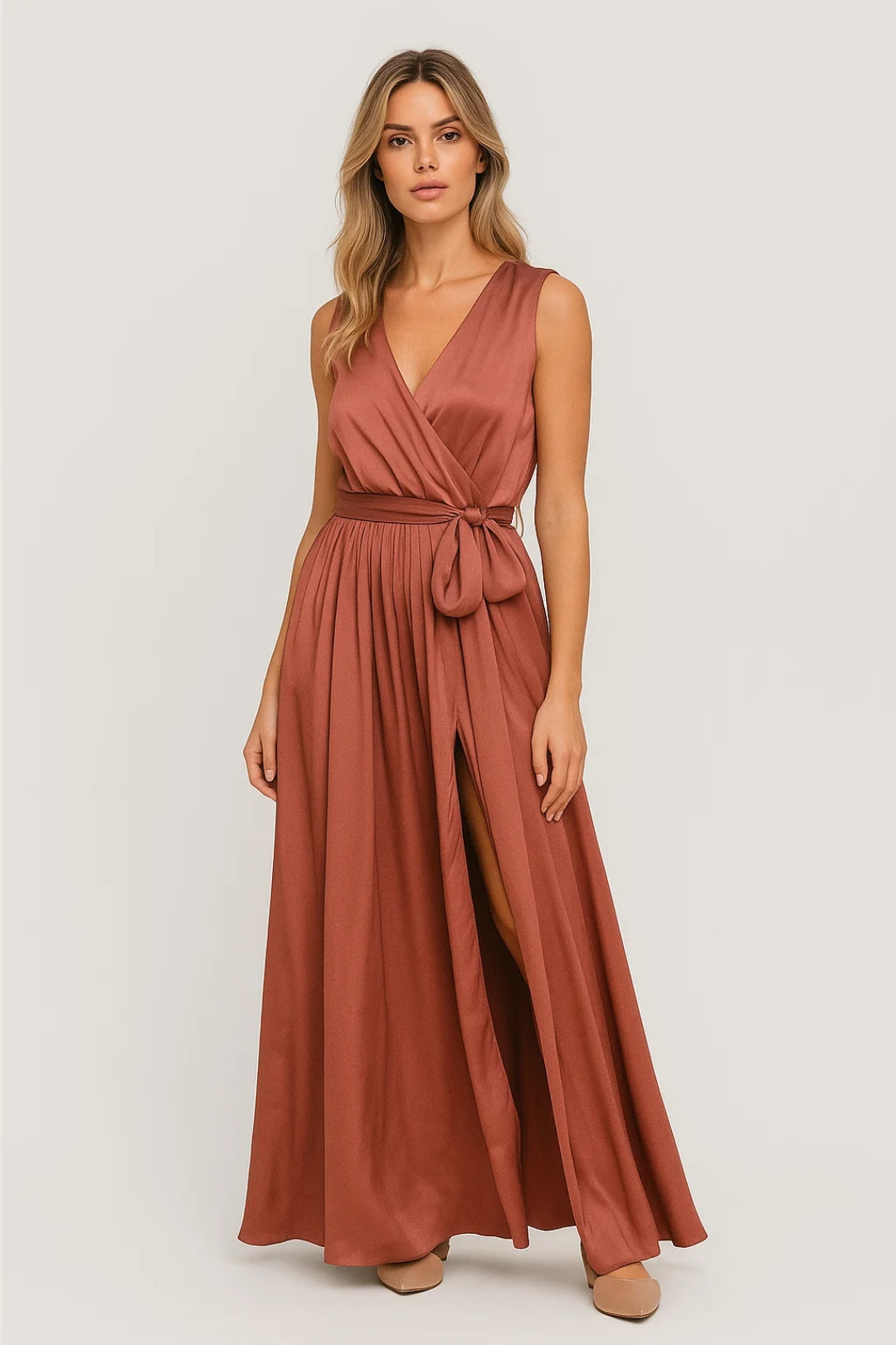 Long terracotta dress with a slit | Crossed closure with belt | Sleeveless