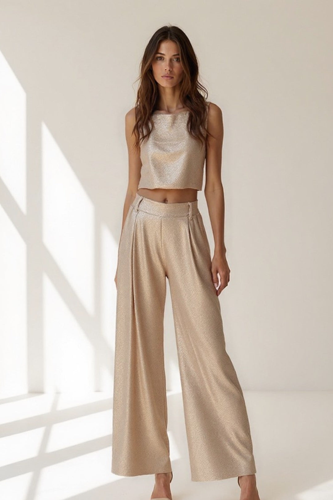 Elegant two-piece set in champagne color | Crop top and wide-leg pants