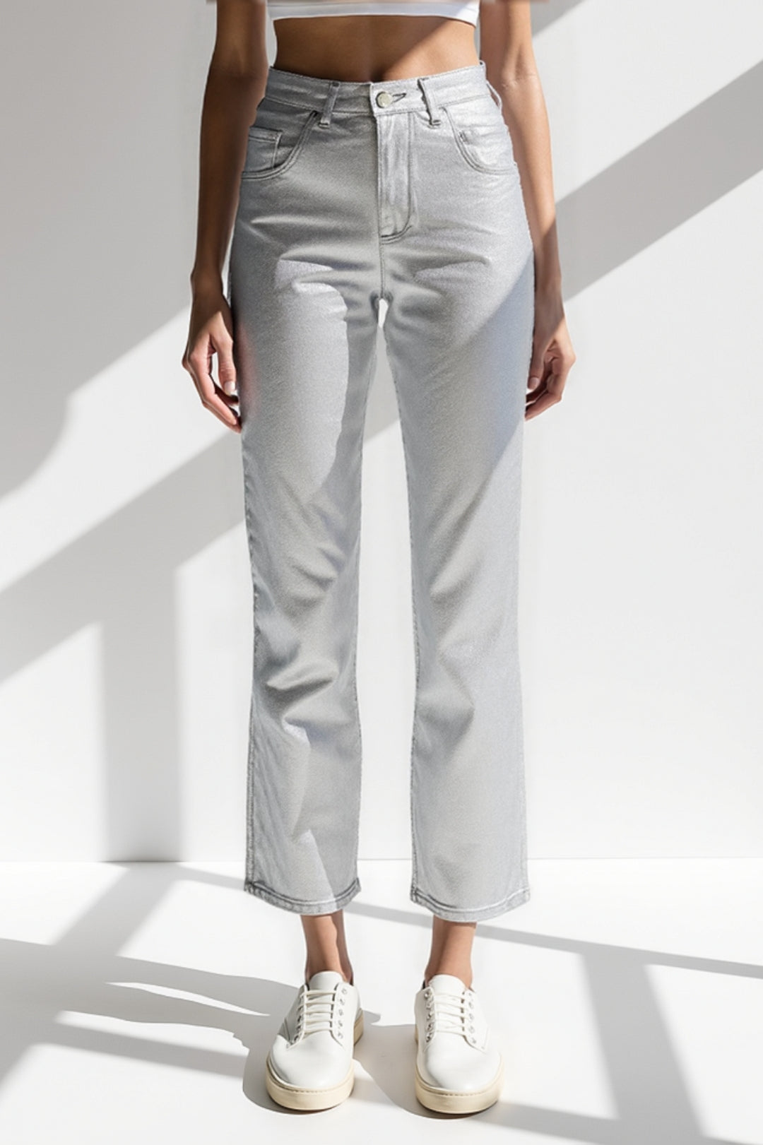 Silver Straight Jeans | High Waist | Metallic Glossy Effect