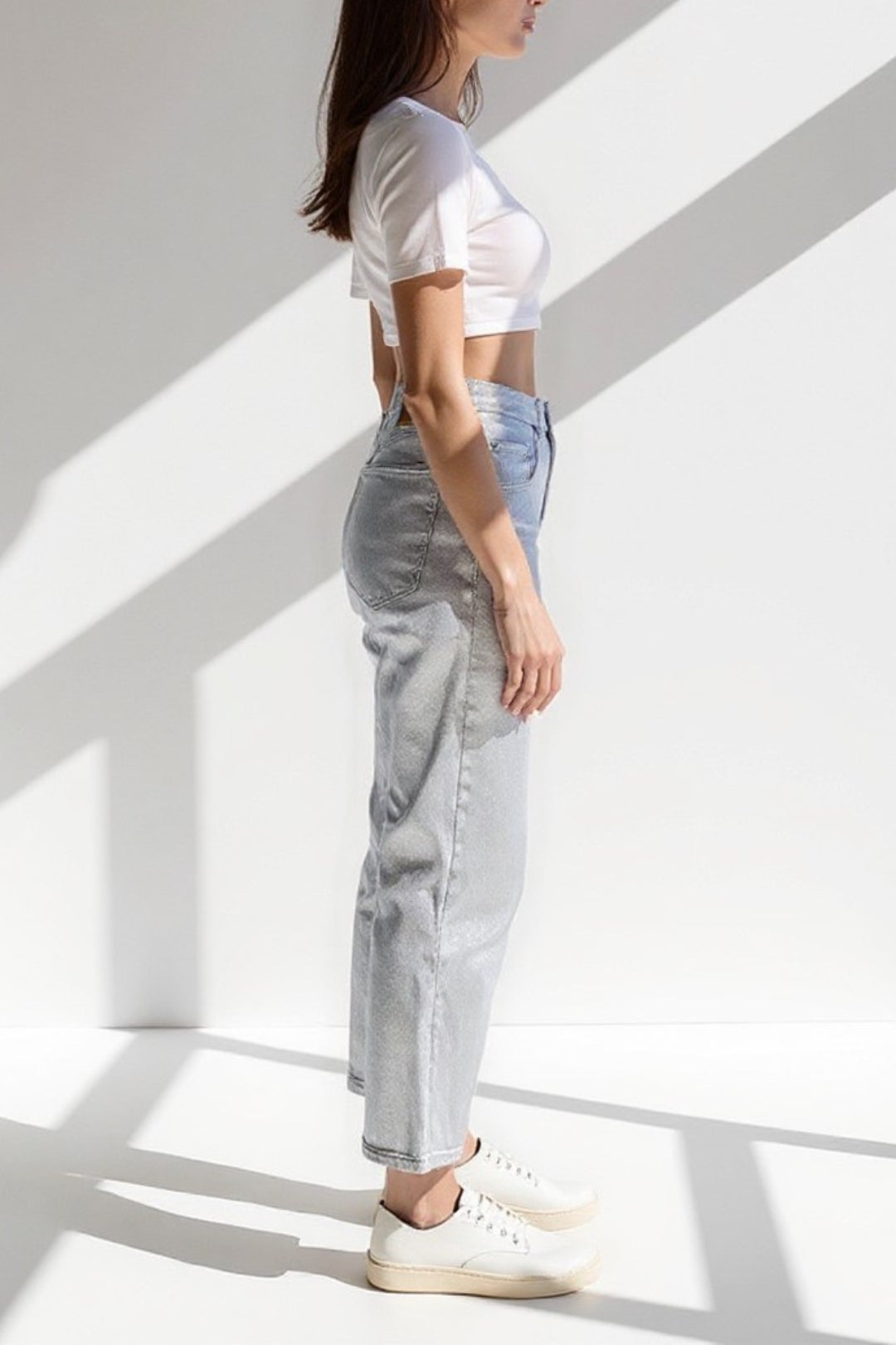 Silver Straight Jeans | High Waist | Metallic Glossy Effect