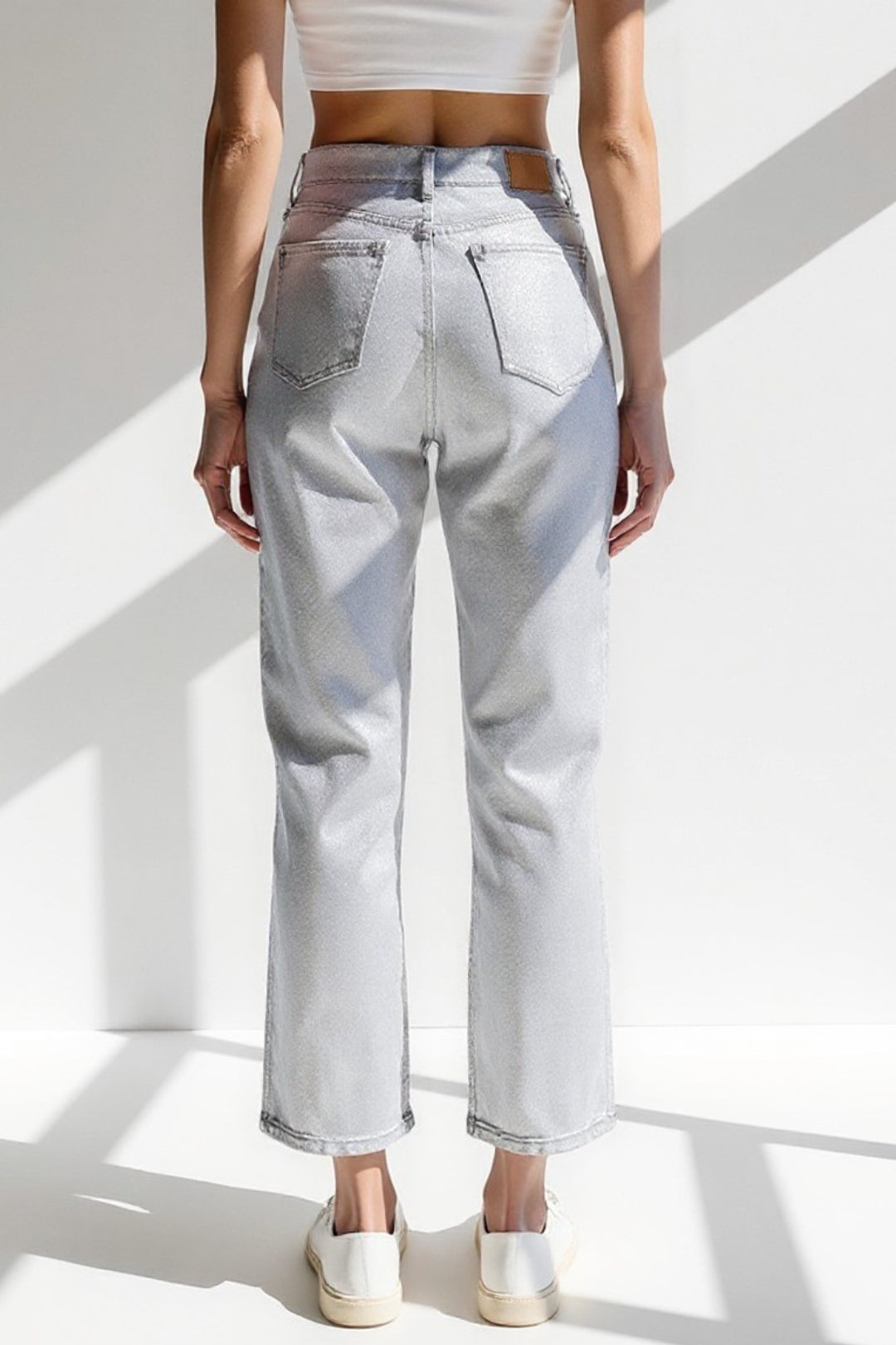 Silver Straight Jeans | High Waist | Metallic Glossy Effect