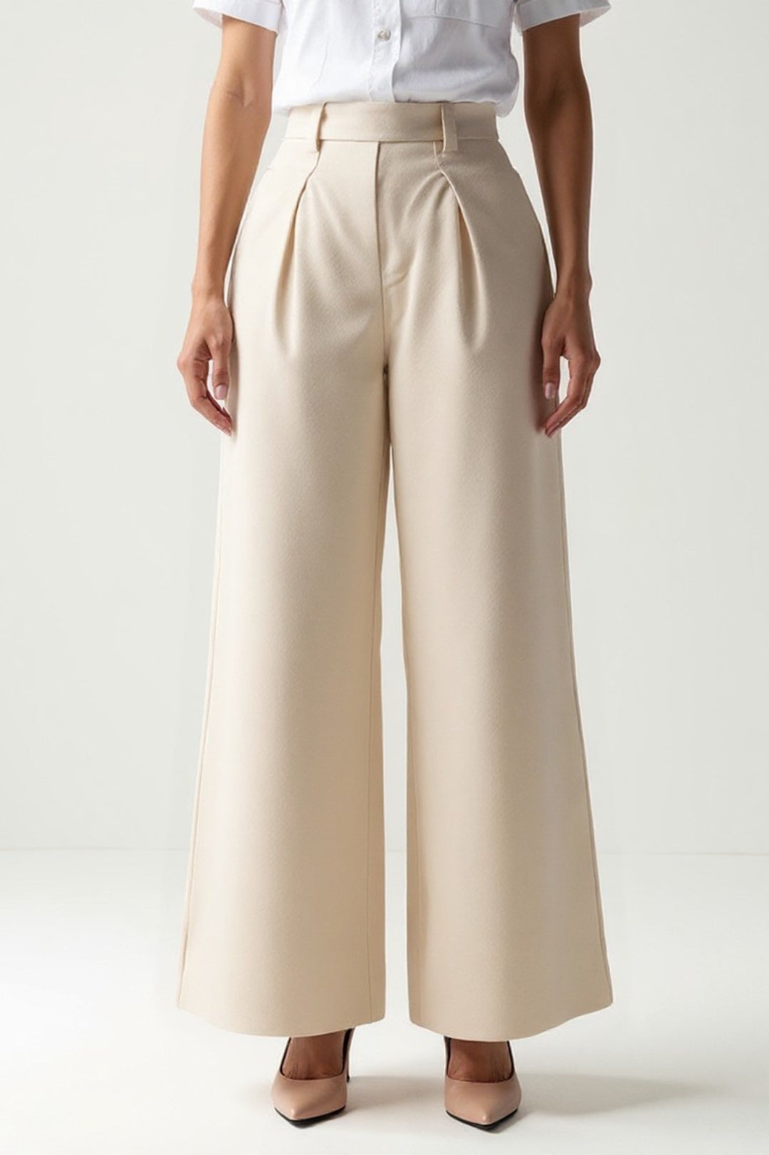 Cream Palazzo Trousers | High Waist | Front Pleats