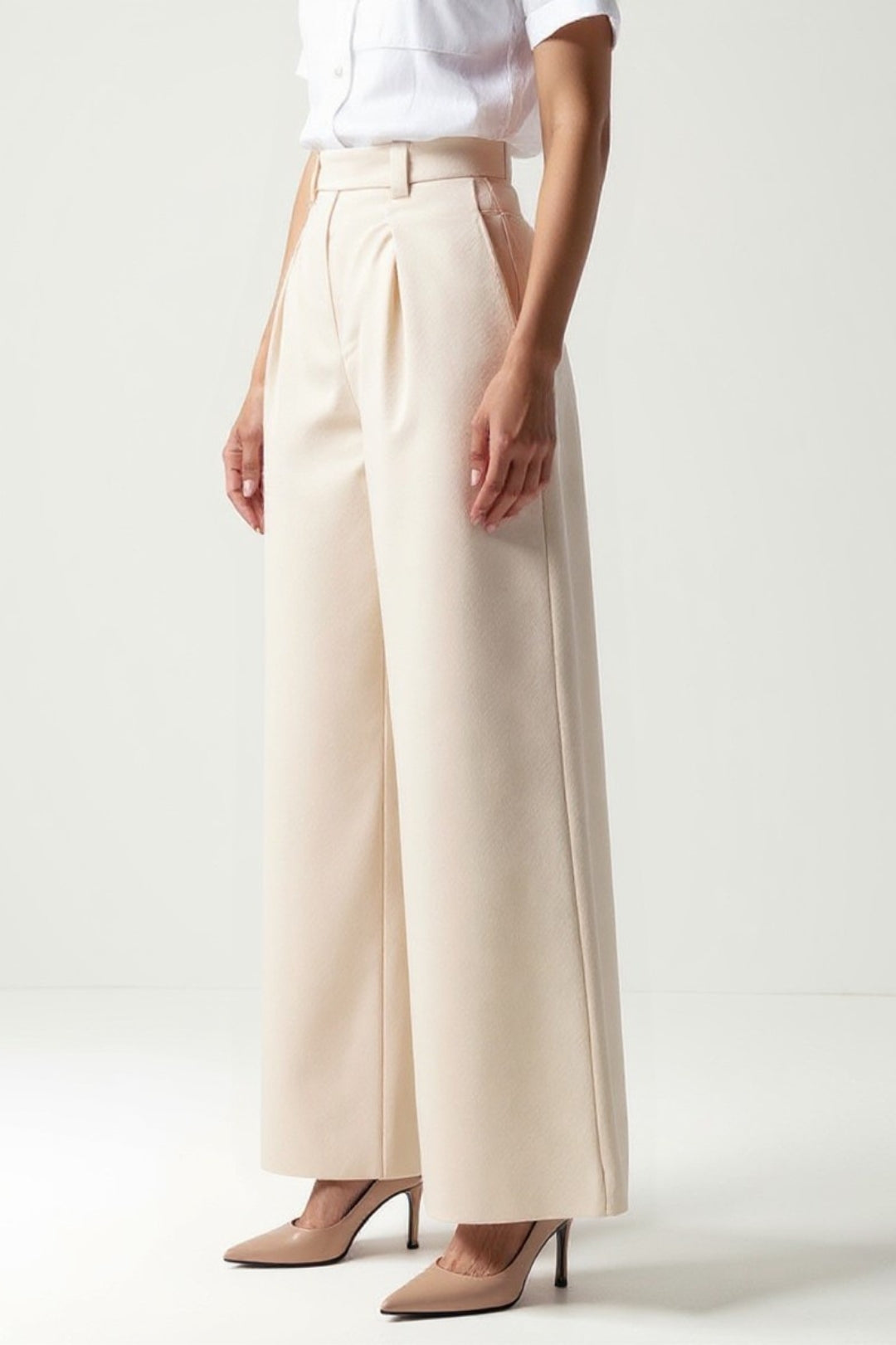 Cream Palazzo Trousers | High Waist | Front Pleats