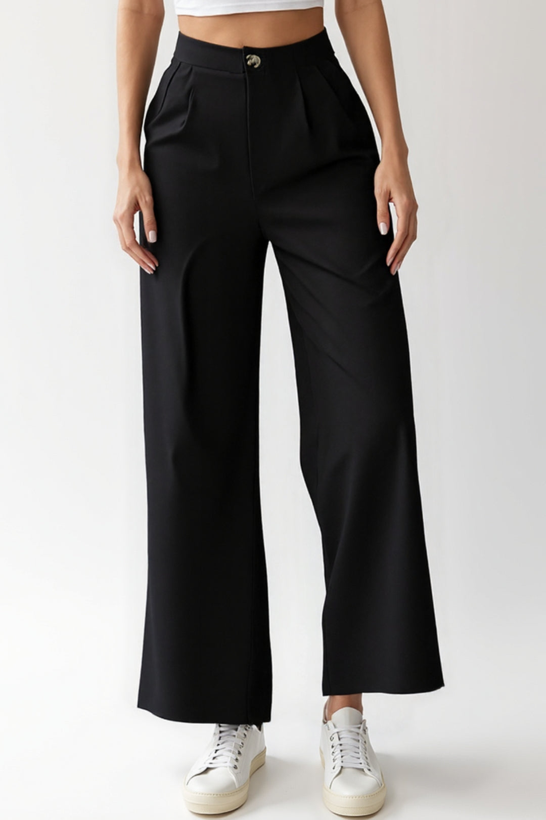 Black Straight Leg Trousers | Mid Rise | Casual-Elegant Style