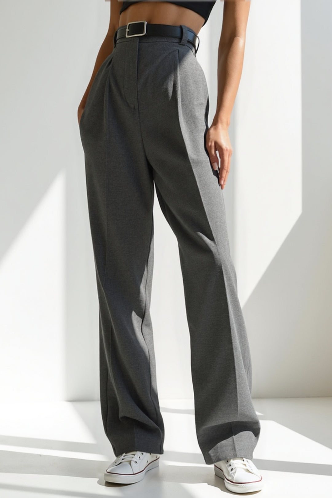 Wide Leg Trousers in Mixed Fabric | High Waist with Belt | Elegant and Comfortable