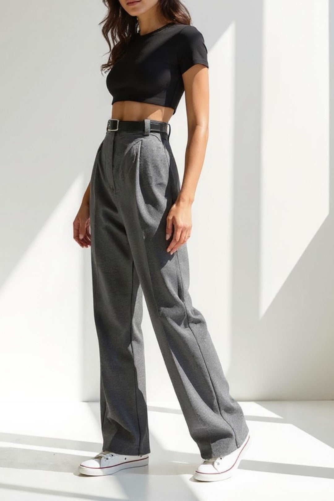 Wide Leg Trousers in Mixed Fabric | High Waist with Belt | Elegant and Comfortable