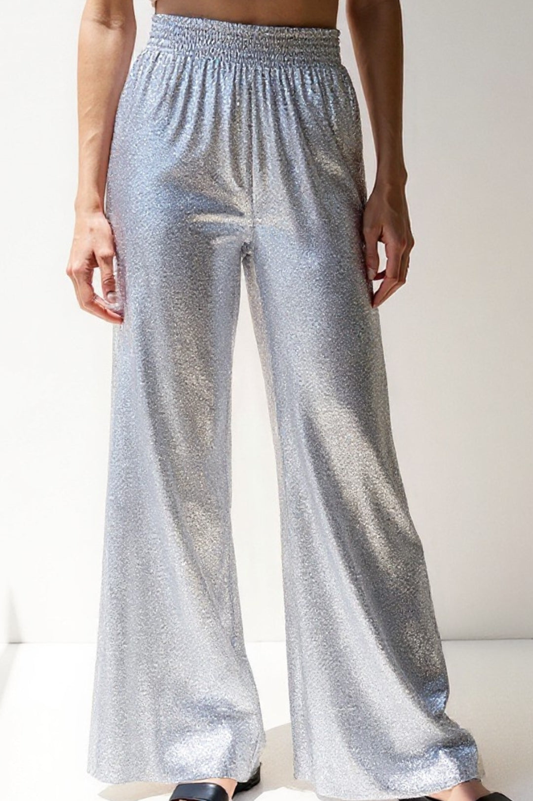 Metallic Glitter Flared Pants | High Elastic Waist | Shimmering Evening Look