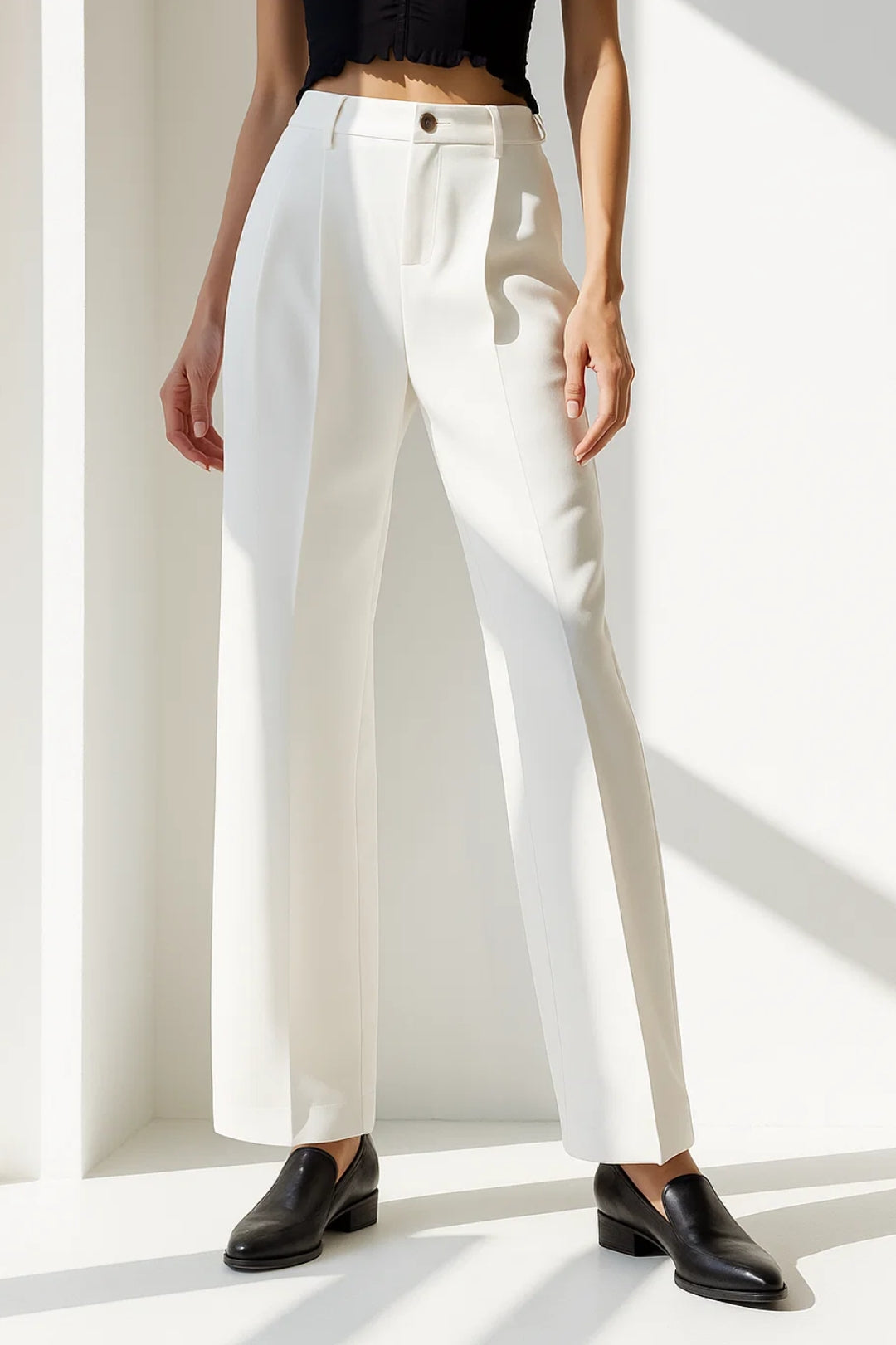 Elegant Straight-Leg Trousers | Cream White | Mid Rise