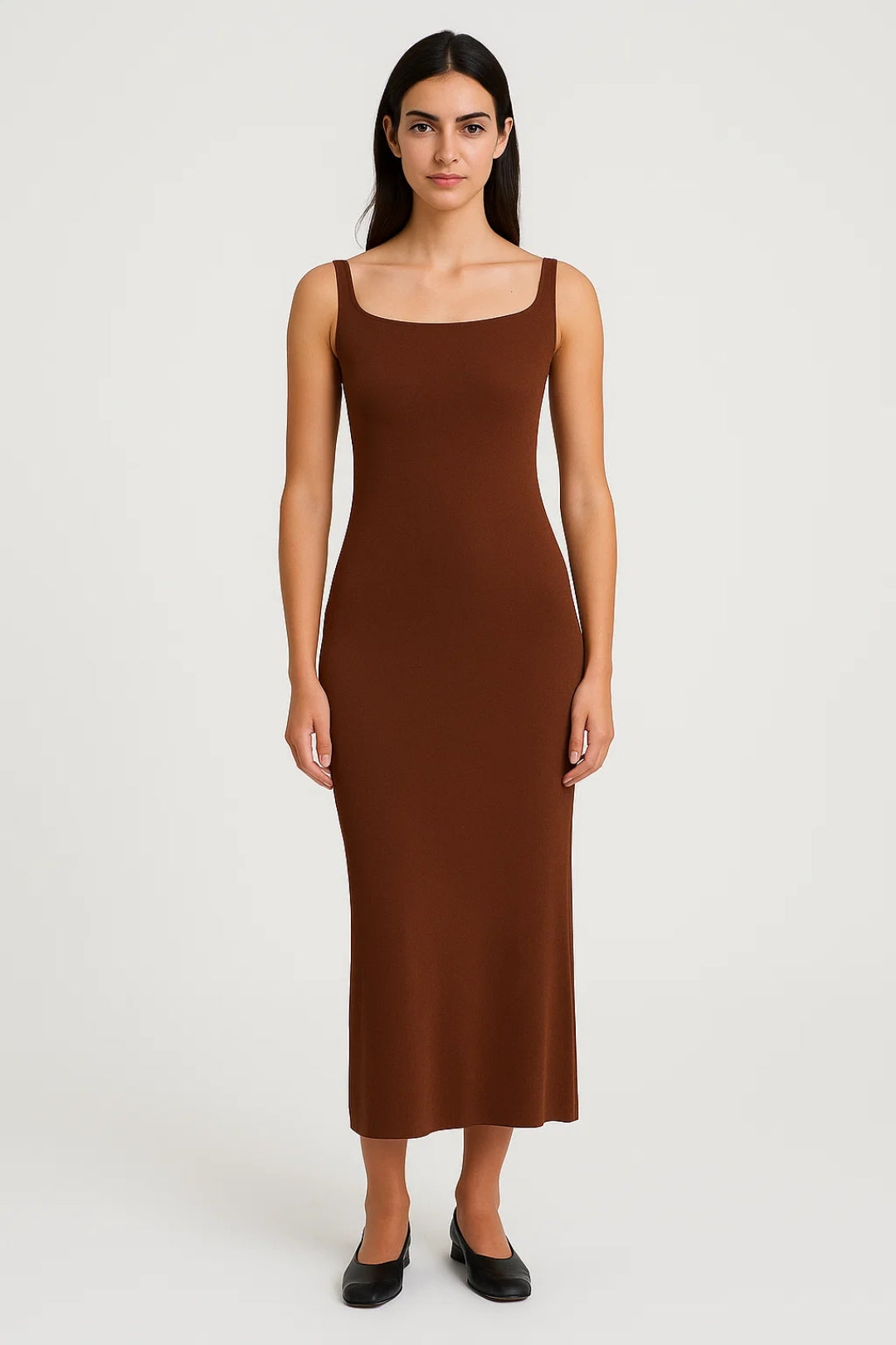 Brown long dress with deep back neckline | Elegant and minimal