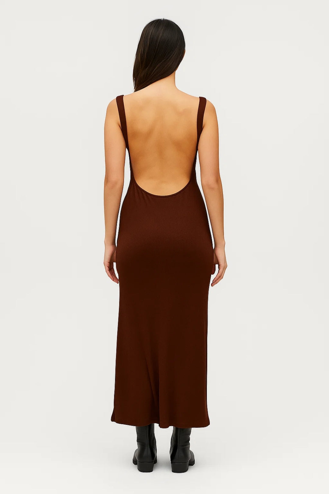Brown long dress with deep back neckline | Elegant and minimal